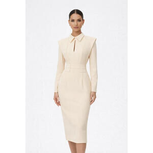 Julia Allert Ecru Fitted Midi Dress Black Collar Structured Designer Dress Size